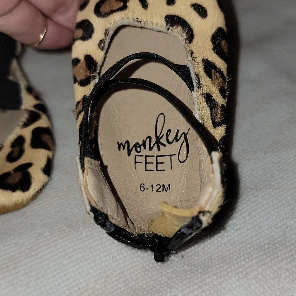 MONKEY FEET Cheetah Print Soft Bottom Leather Ballerina Moccasins Size 6-12 mths